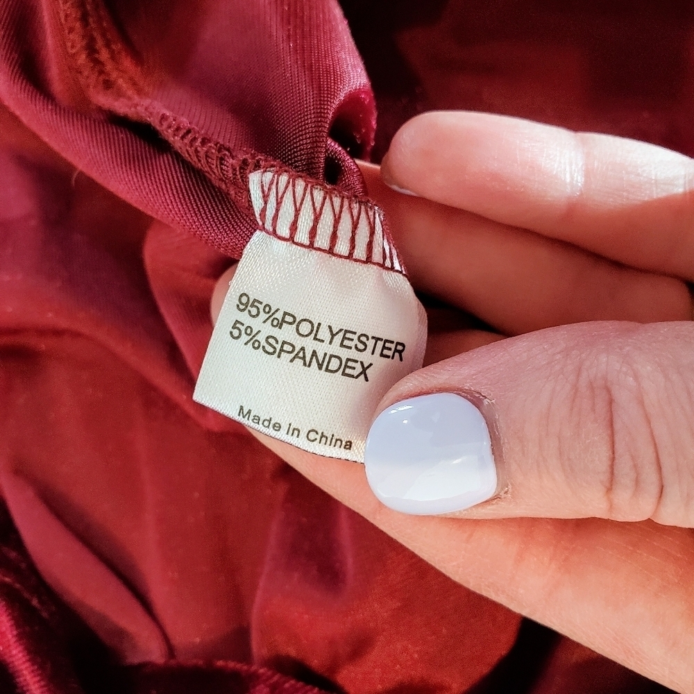 Guberry Burgundy Red Velvet Faux Wrap Ruched Long Sleeve Stretchy Plunge Dress - Picture 6 of 14